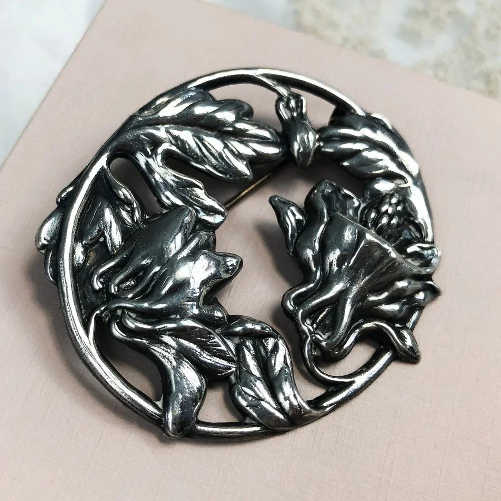 Huge thistle flower pin, large floral brooch silver tone